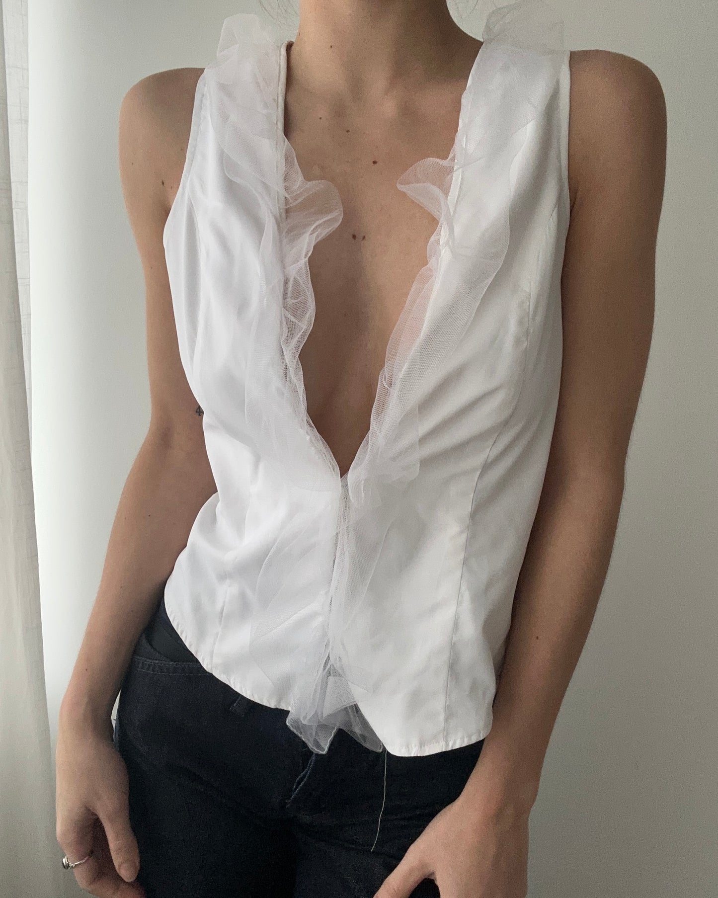 White Gilet Top with Sheer Ruffles (S)