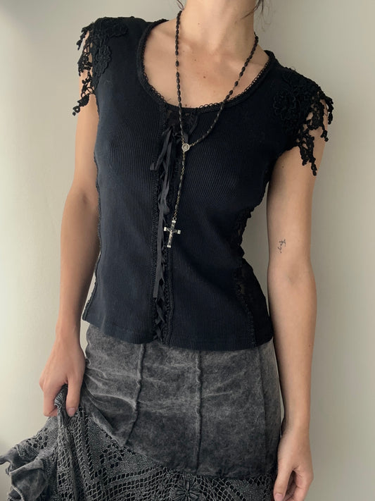 René Derhy Black Top with Lace-up detail and Floral Embroidery (M)