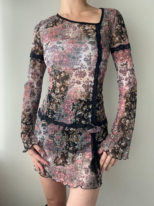 Mixed Pattern Mesh Tunic with Asymmetrical Neckline (S-M)