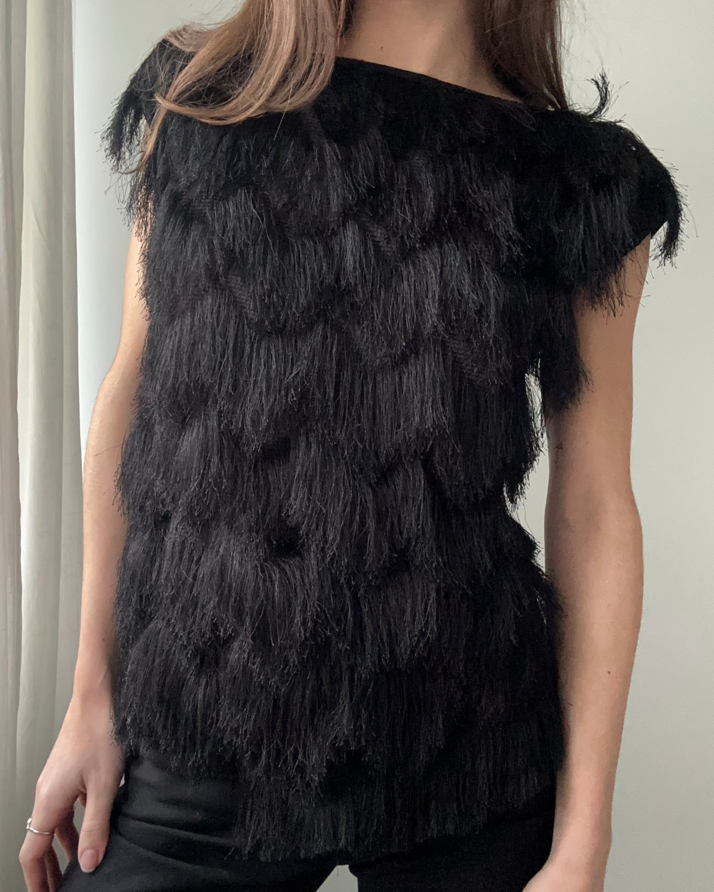 Black Fringe Top with Slashed/Bateau Neckline (S)