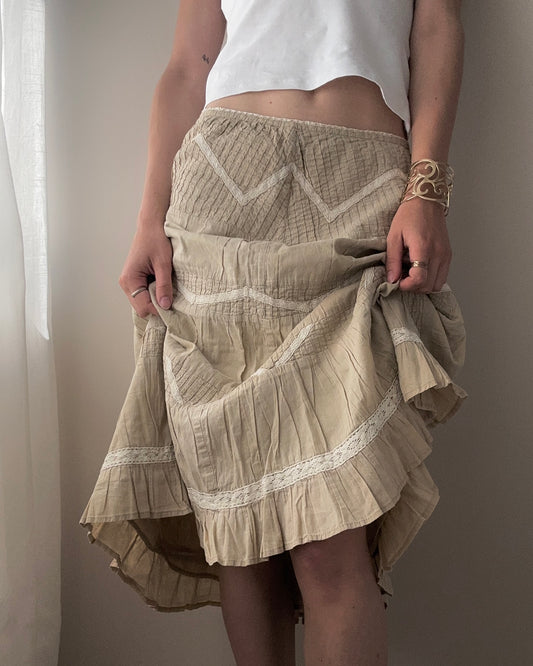 Beige Tiered Double Layer Midi Skirt (S)