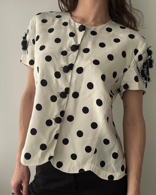 Silk 40s-inspired Polka Dot Blouse with Floral Appliqué (S)