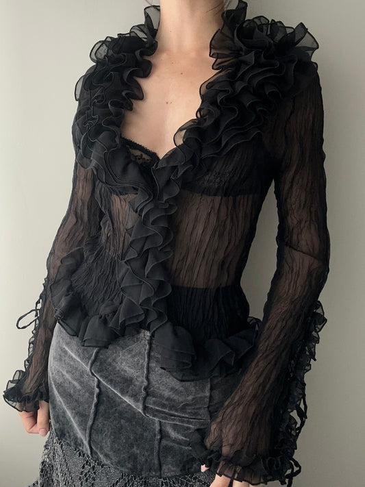 Black Sheer Crinkle Blouse with Ruffles (S-M)