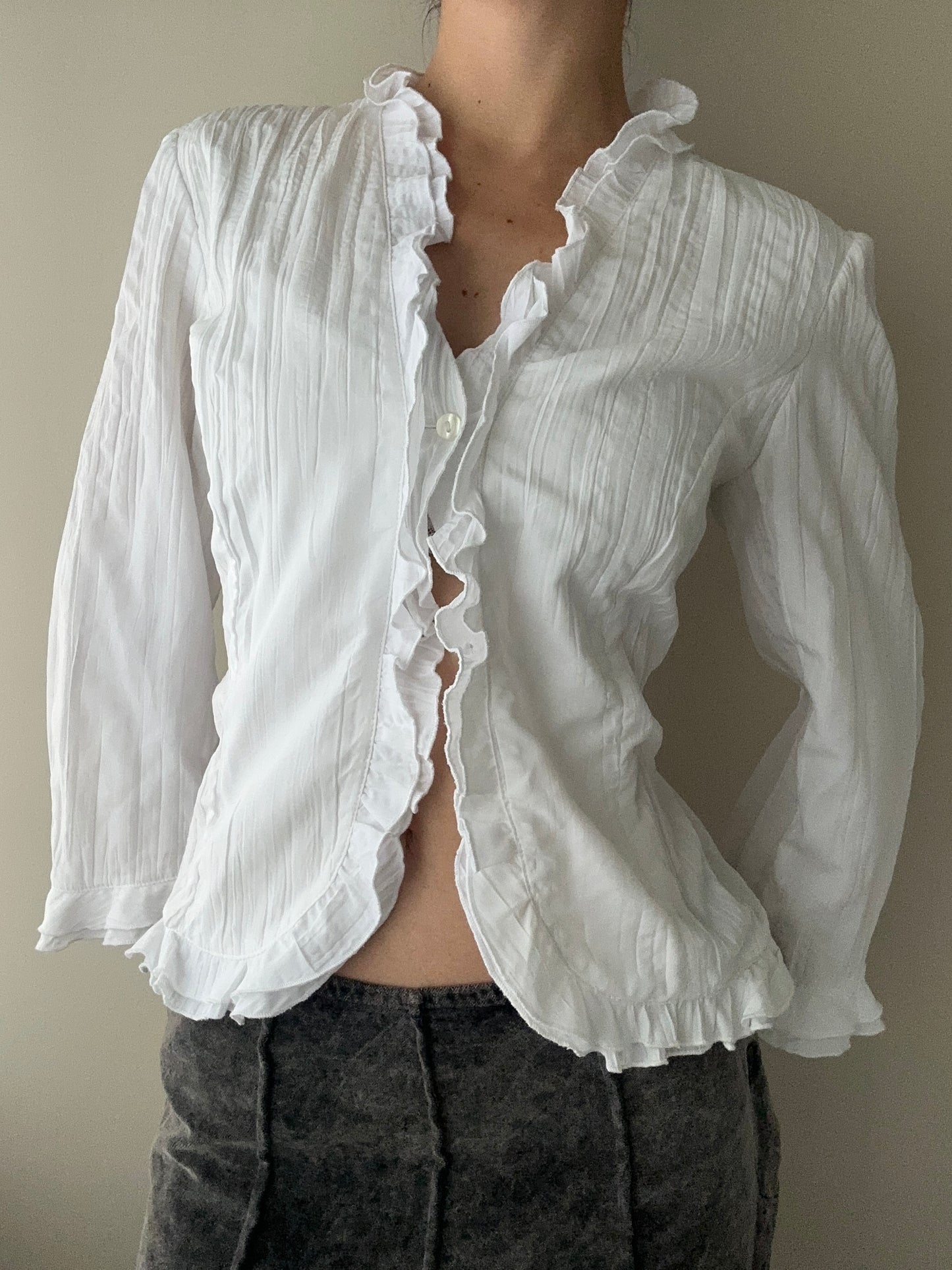 White Crinkle Blouse with Ruffle details (L)