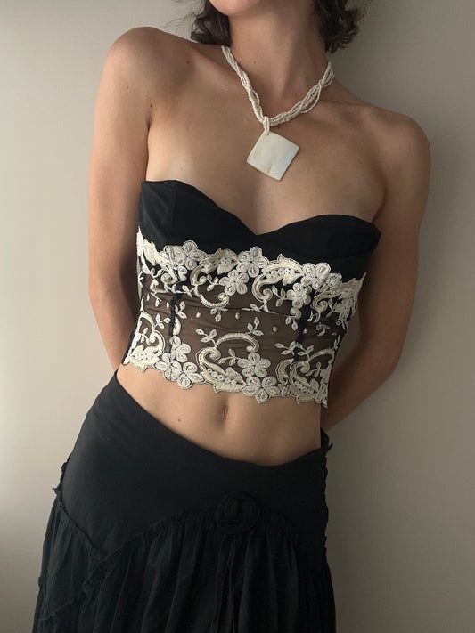 Black and Beige Gold Floral Embroidered Longline Bra (75B/34B)