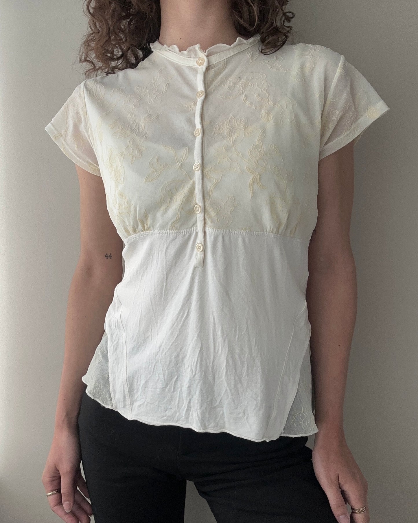 Sheer Button-up Top with Velvet Floral Details (M)