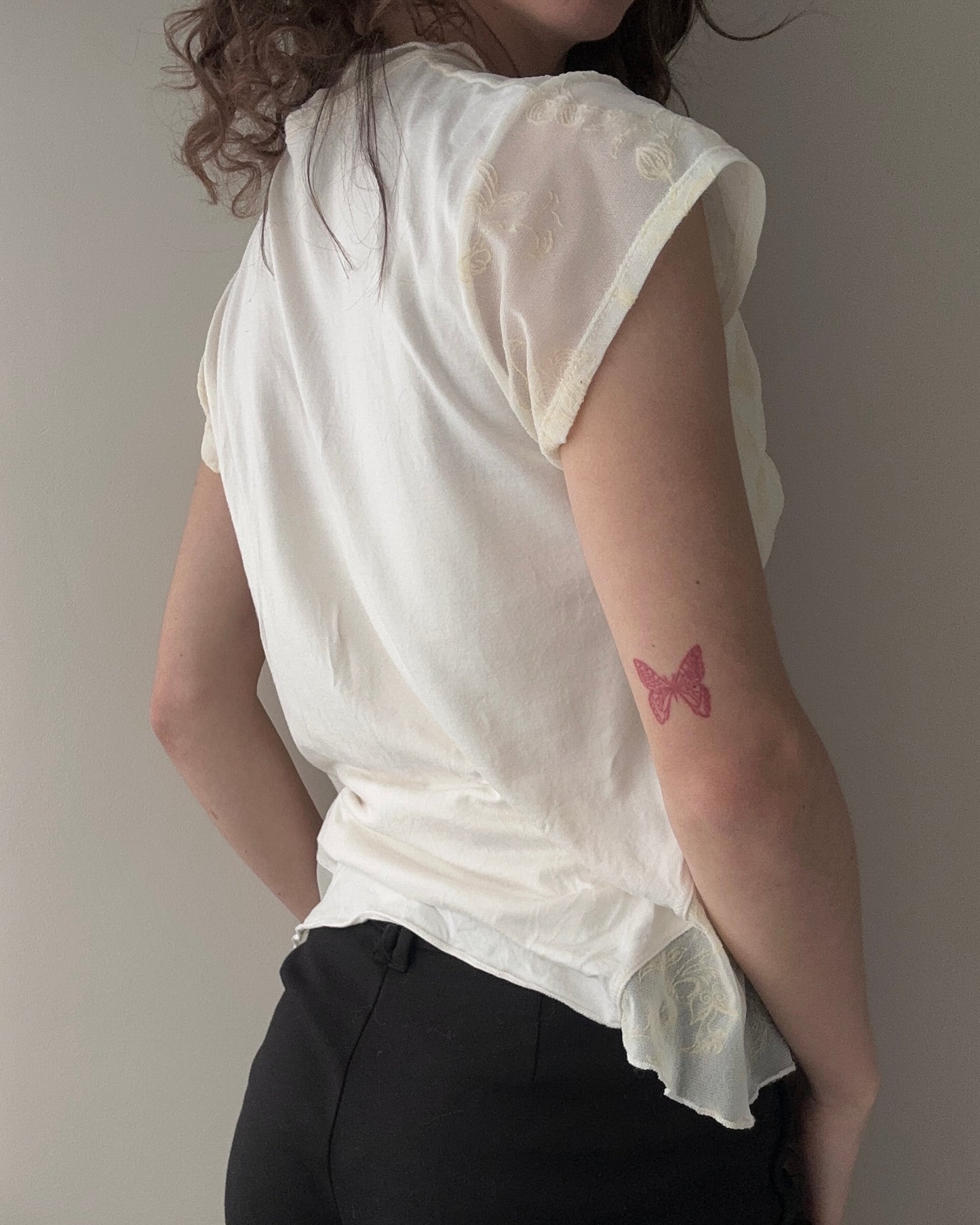 Sheer Button-up Top with Velvet Floral Details (M)