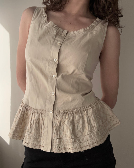 Button up Peplum Top with Ruffles and Embroidery (M)