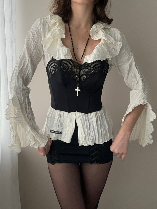 Vintage Black Pointy Corset with Lace (XS)