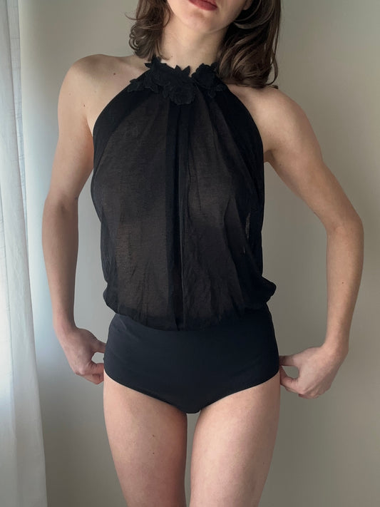 La Perla - Black Sheer Floral Halter Bodysuit (S-M)