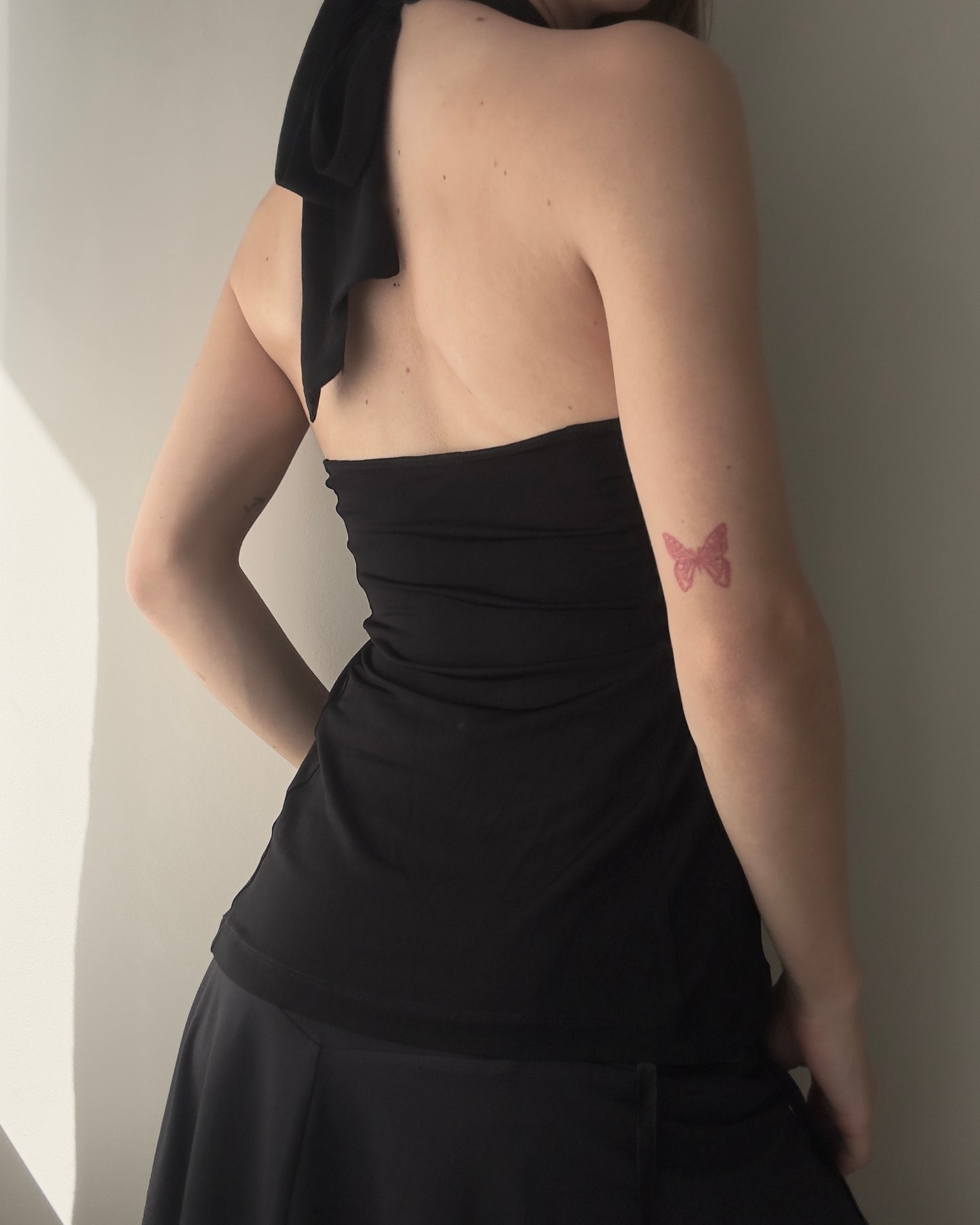 Black Top with Sheer Plissee Halter (S-M)