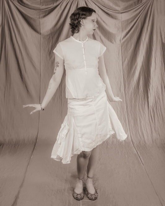 White Linen and Cotton Asymetric Double Layer Midi Skirt (L)