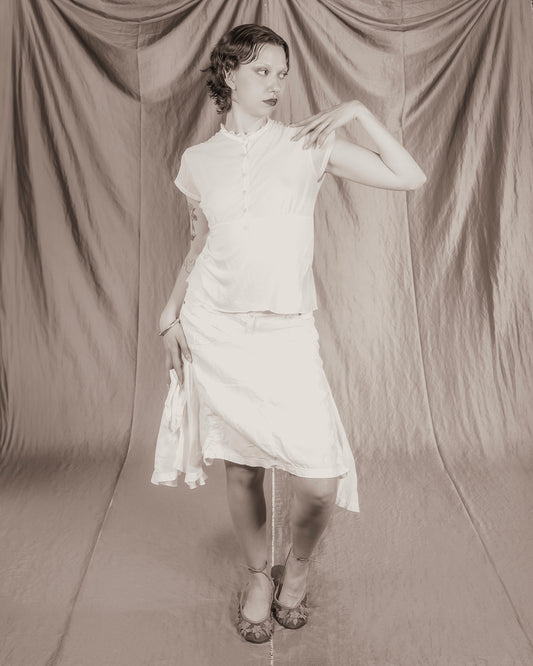 Sheer Button-up Top with Velvet Floral Details (M)