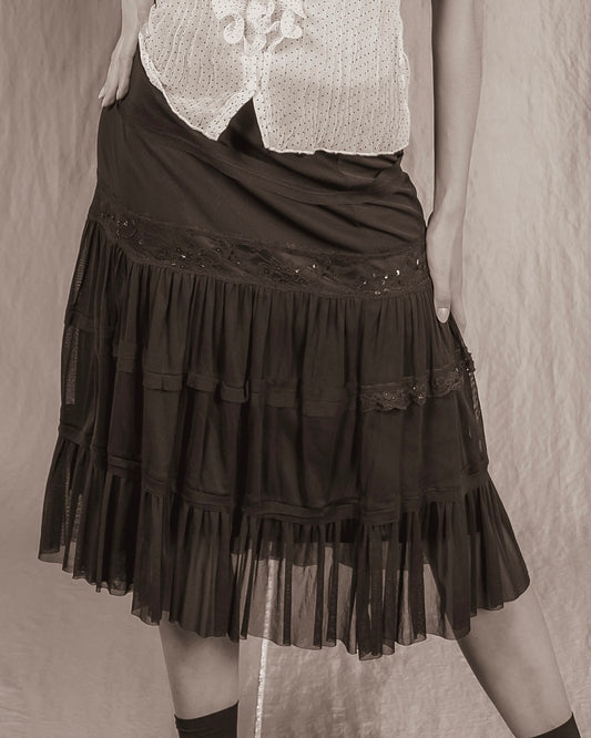 Black Dropped Waist Bohemian Mesh Skirt (S-M)