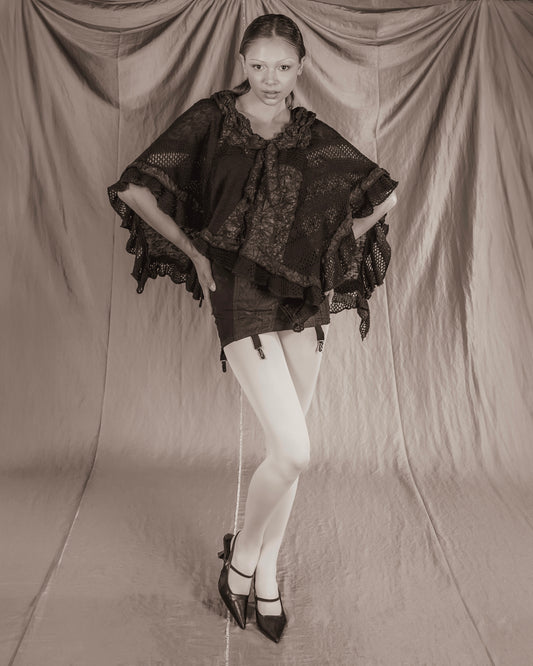 Black Rare Knitted Poncho with Ruffles (one size)