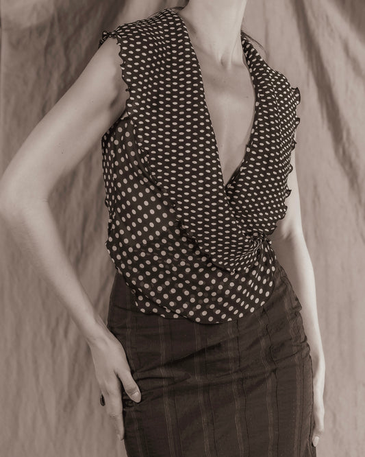 Ravage Polka Dot Sheer Ruffled Wrap Top (XS)