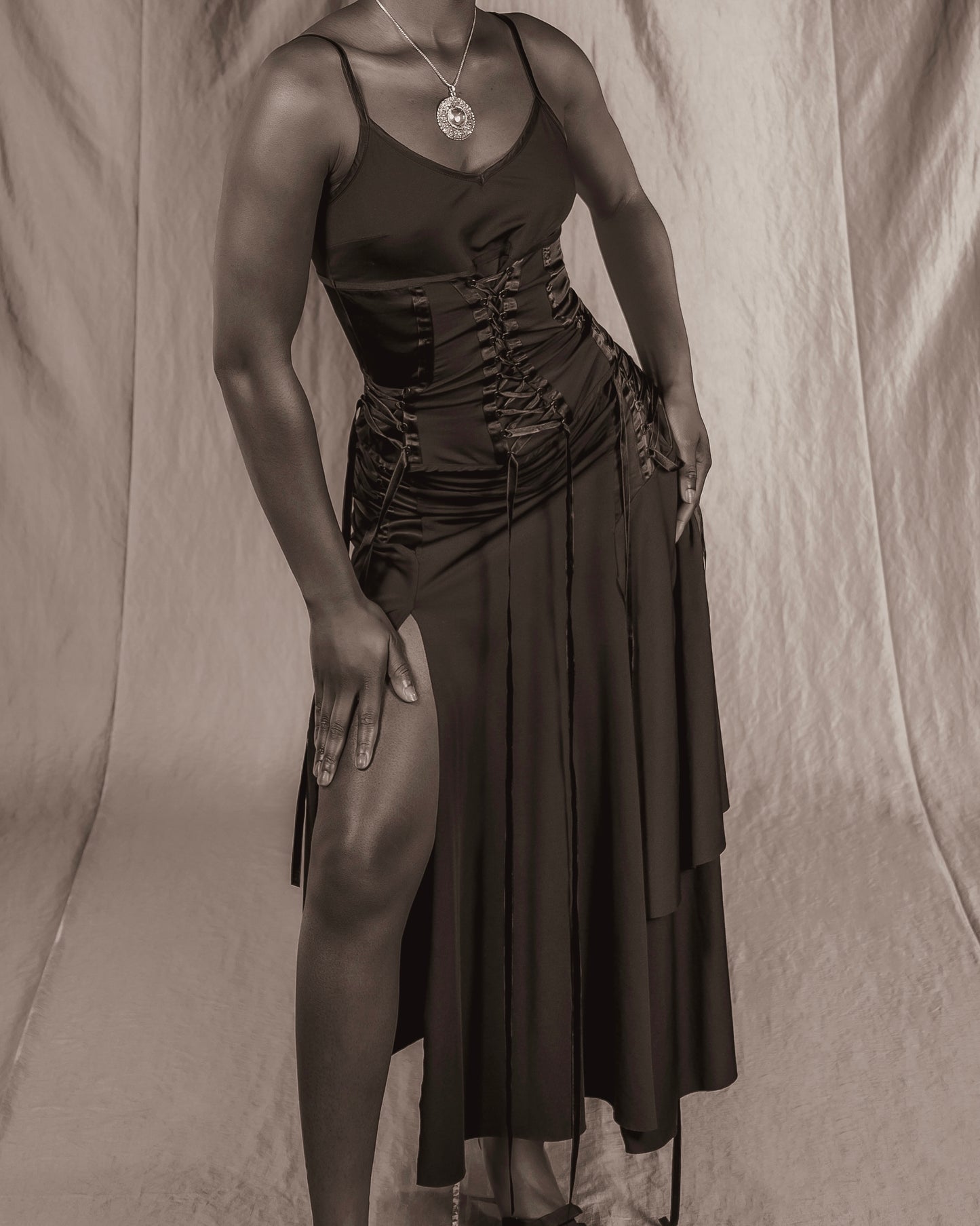 Black Two Piece Corset Top + Maxi Skirt Set with Lace-up details (XS)