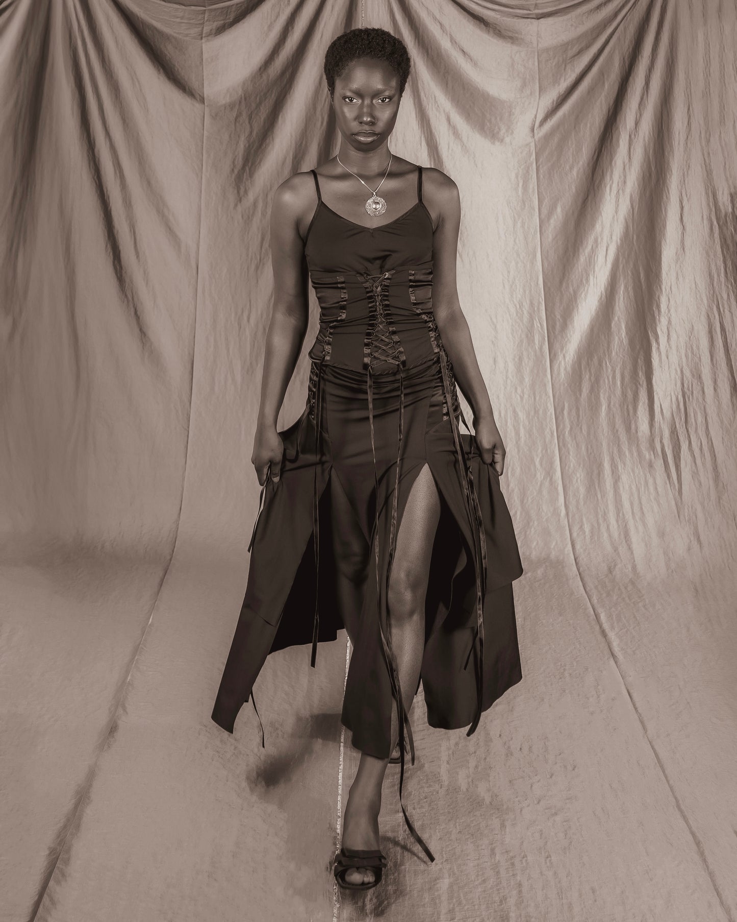 Black Two Piece Corset Top + Maxi Skirt Set with Lace-up details (XS)