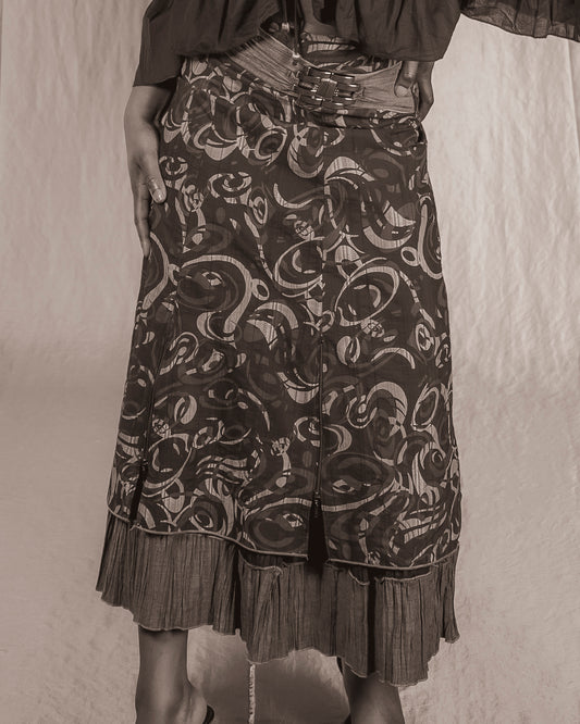 Anthracite and Black Abstract Printed Double Layer Maxi Skirt (XS)