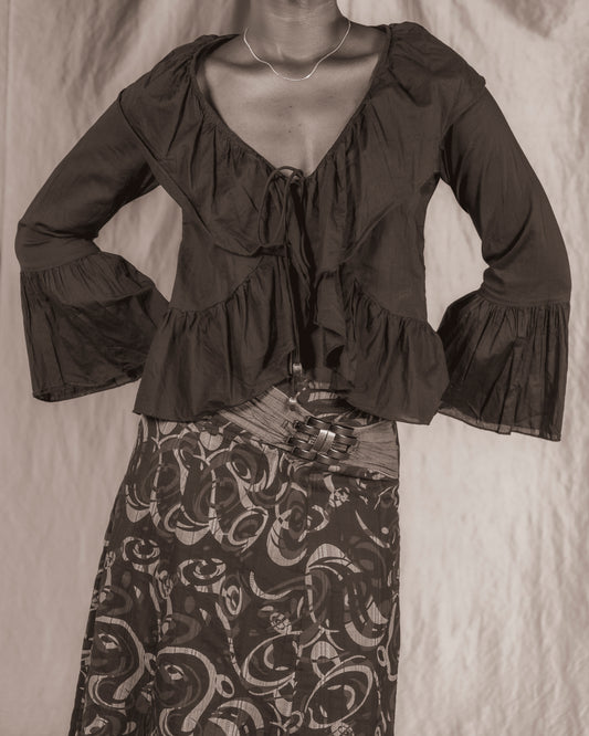 Black Ruffle Cropped Blouse With Trumpet Sleeves (S)