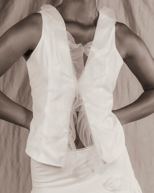White Gilet Top with Sheer Ruffles (S)
