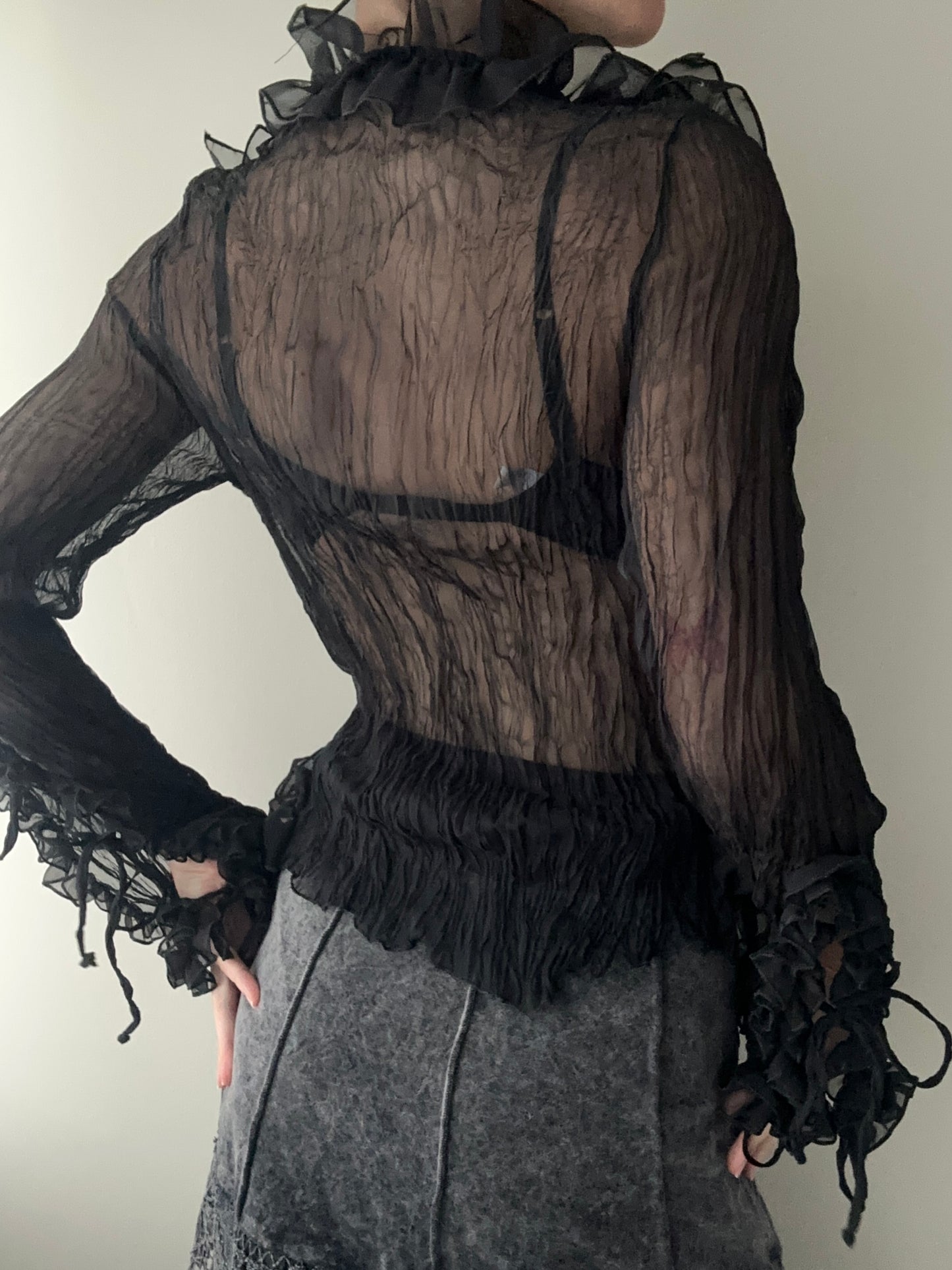 Black Sheer Crinkle Blouse with Ruffles (S-M)