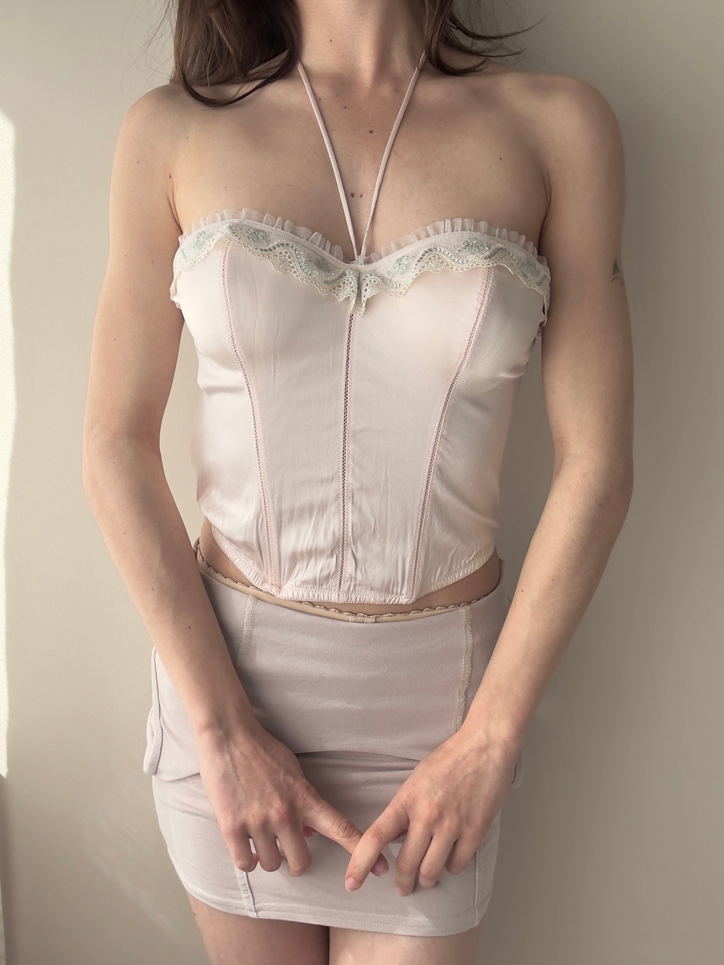 Vintage - 82% Silk Light Blush Pink Corset Top with Halter Detail (S-M)