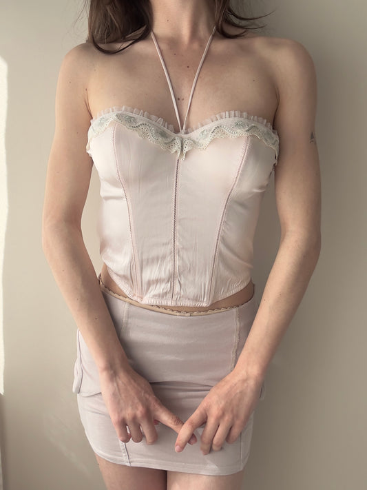 Vintage - 82% Silk Light Blush Pink Corset Top with Halter Detail (S-M)