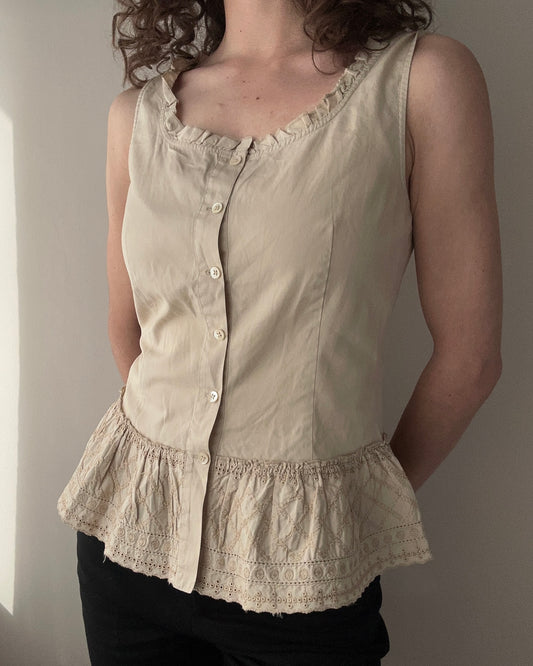 Button up Peplum Top with Ruffles and Embroidery (M)