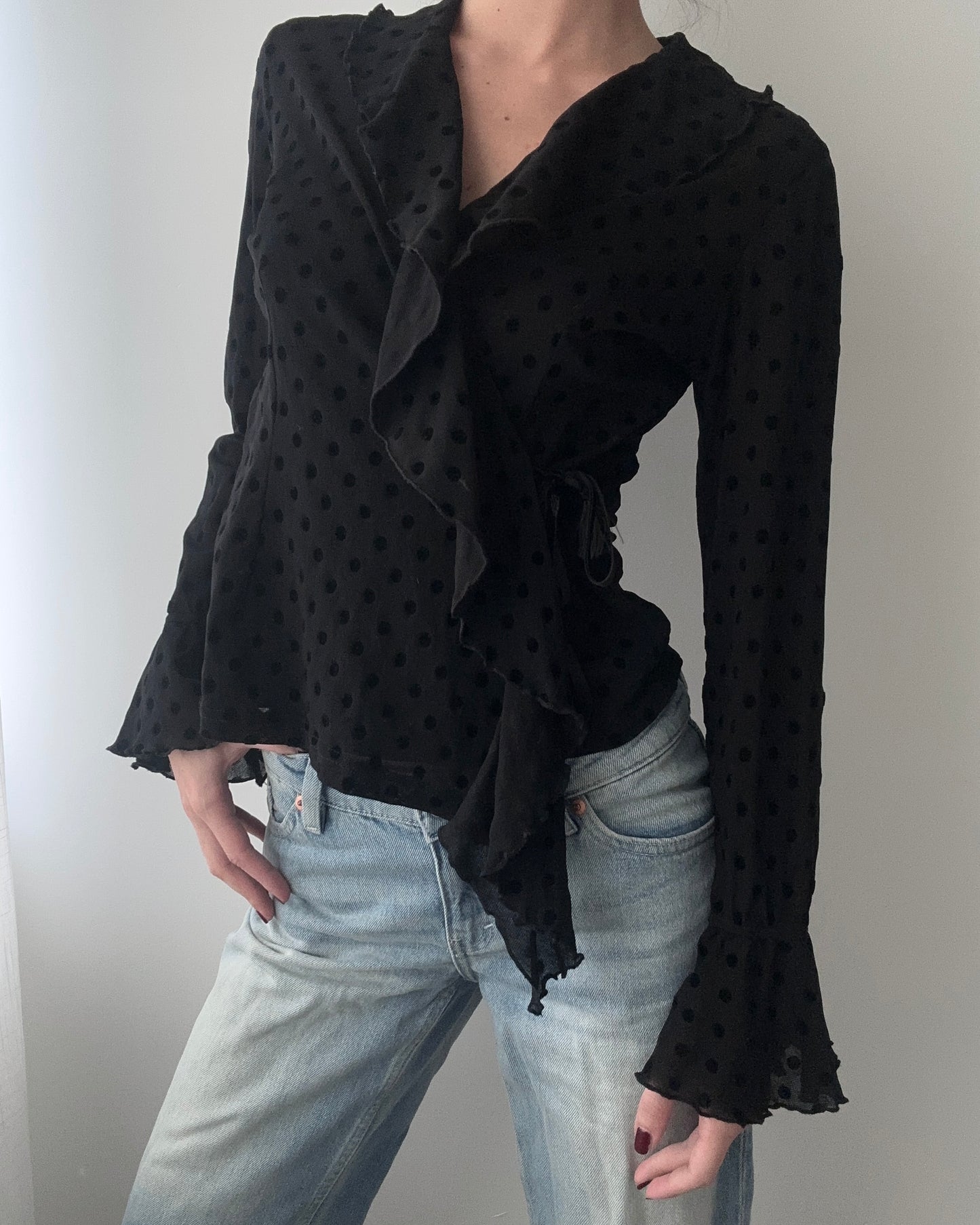 Black Sheer Wrap Top With Ruffles And Polkadots (S)