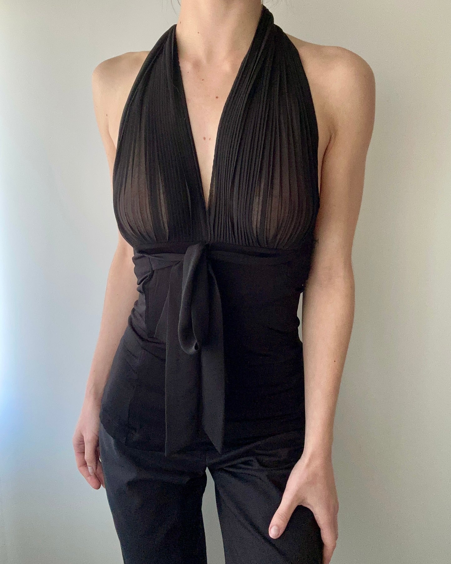 Black Sheer Ruched Halter Top (XS)