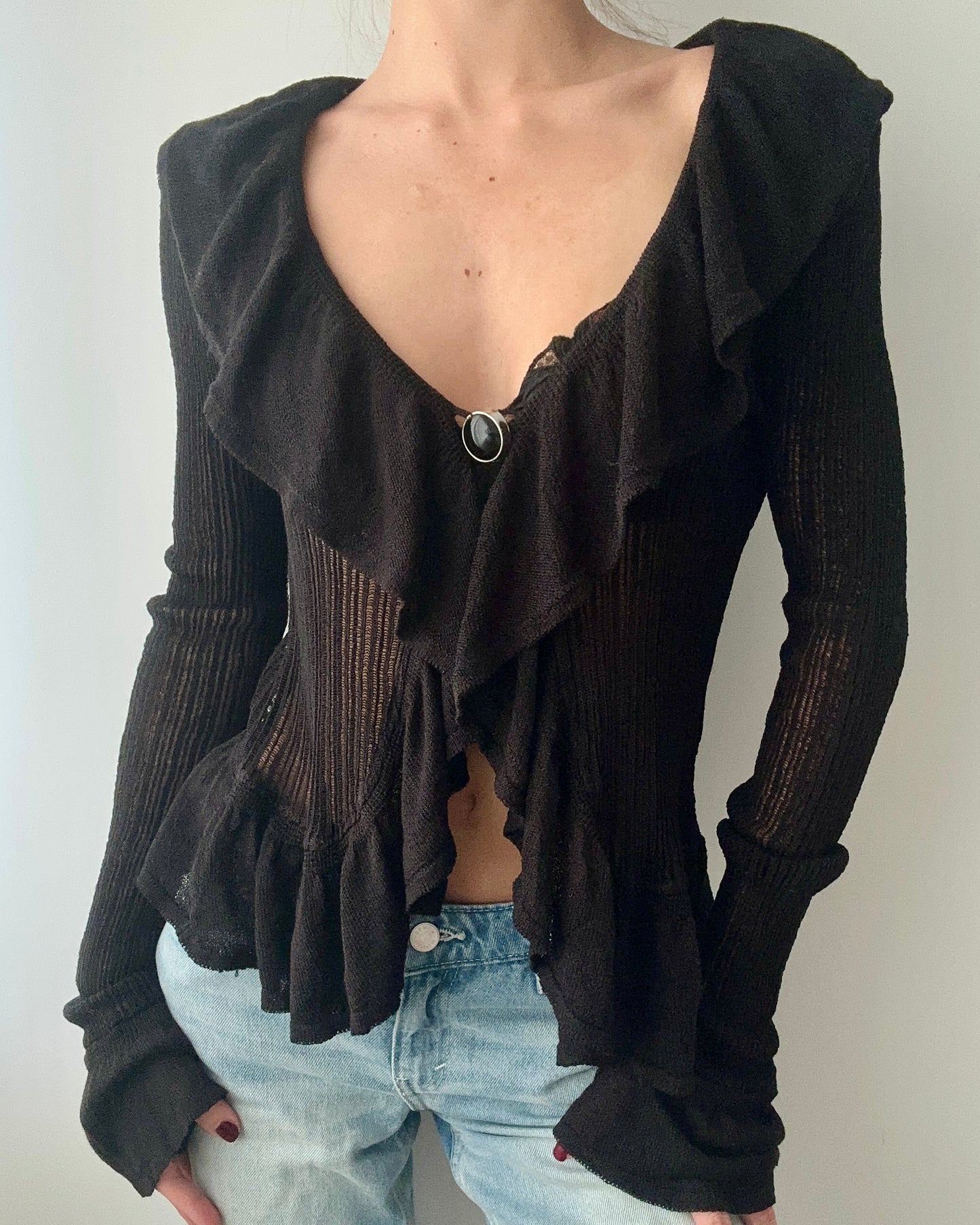 Black Knitted Blouse With Ruffles (S-M)