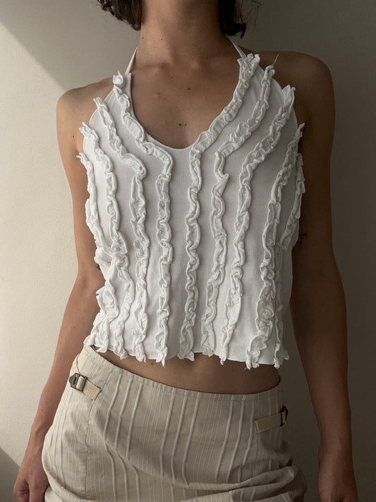 White Cotton Halter Top with Ruched Row Pattern (M-L)