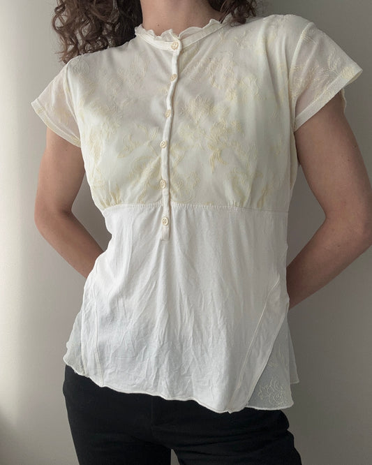 Sheer Button-up Top with Velvet Floral Details (M)