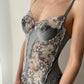 Dusty Blue Grey Real Silk Floral Lace Corset Top with Suspenders (70D/32D)