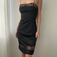 Black Vintage Nylon Slip Dress with Sheer Floral Embroidery Details (XS)