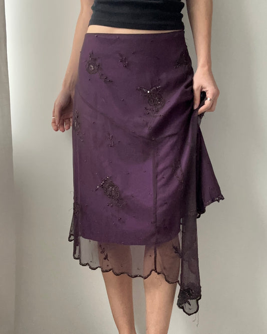 Dark Purple Double-layer Asymmetric Skirt with Beaded Embellishments (M)