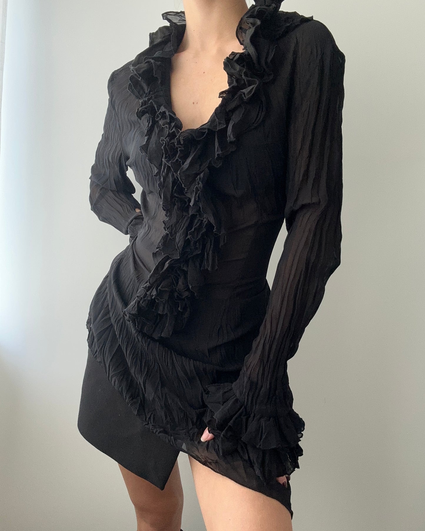 Black Asymmetric Sheer Tunic Blouse With Ruffles (M)