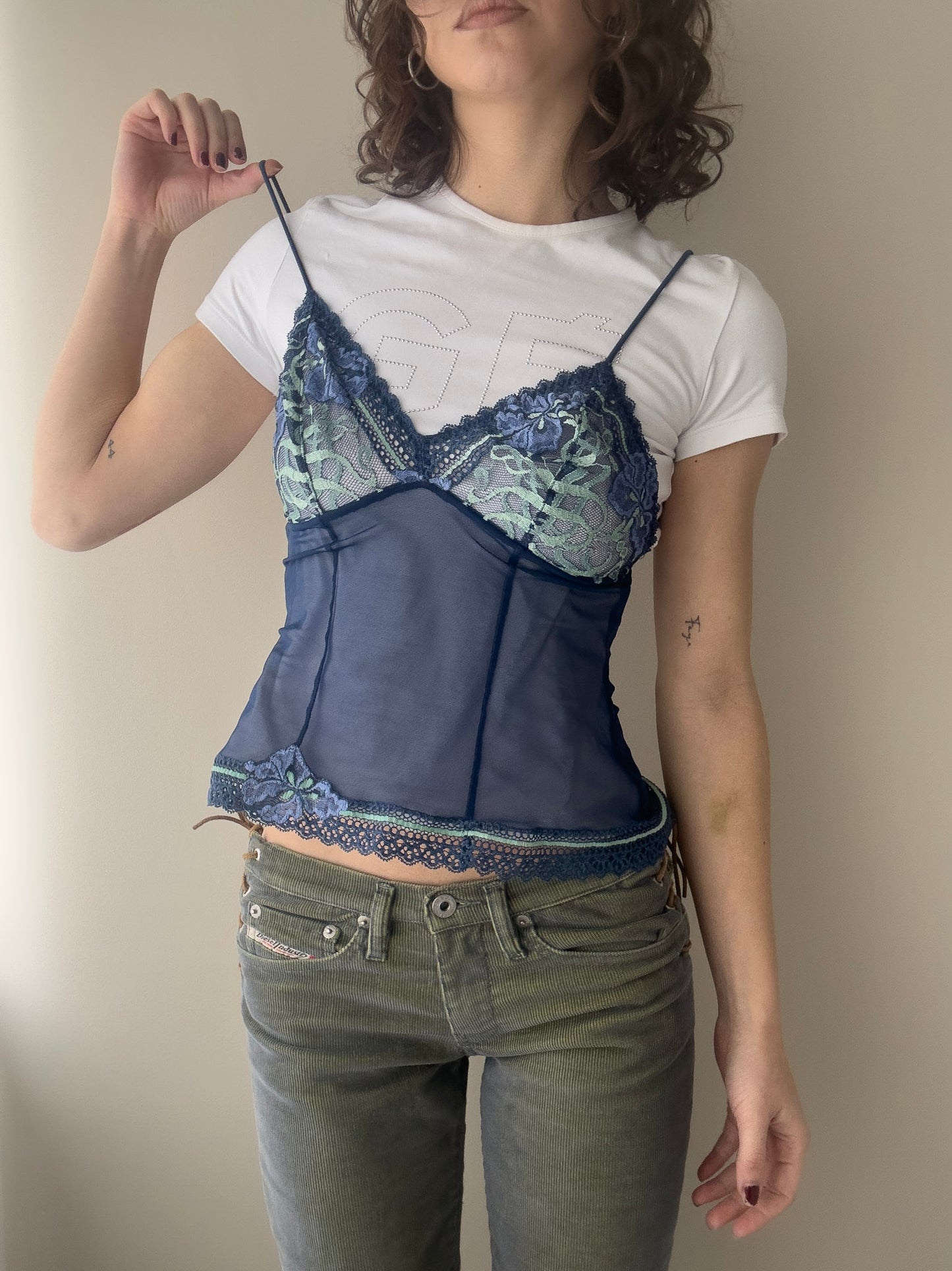 Aubade Paris - Deep Cobalt Blue Sheer Lace Cami with Mint Green Embroidery (S)