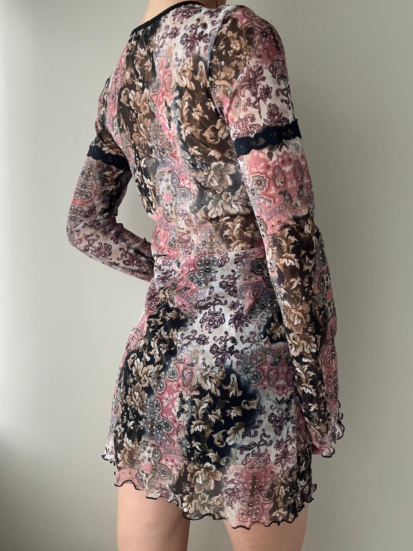 Mixed Pattern Mesh Tunic with Asymmetrical Neckline (S-M)