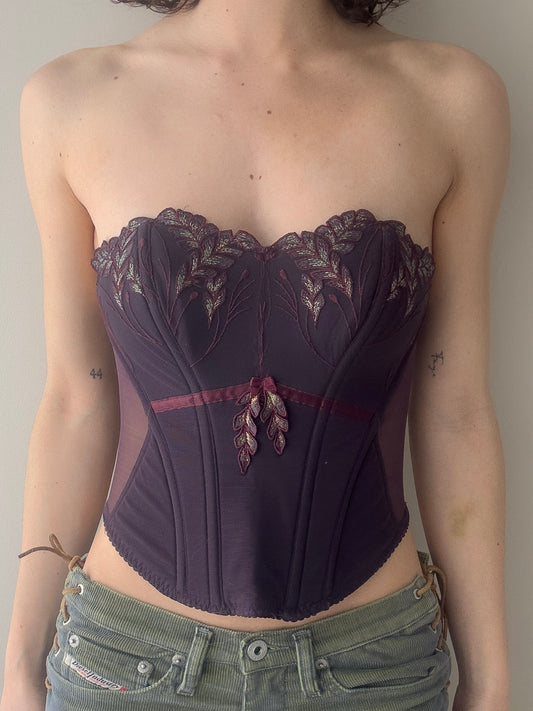 Simone Pérèle - Plum Purple Corset with Floral Embroidered Details (XS-S)