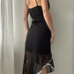 Black Double-layer Asymmetric Draped Midi Dress with Floral Embellishment (M)