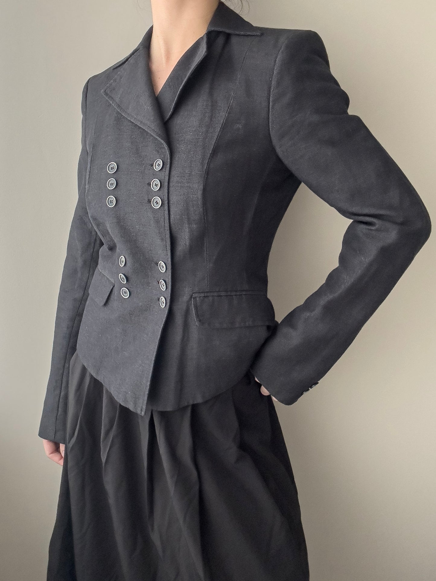 Linen Blended Anthracite Double-breasted Blazer with Triple Button Rows (S)