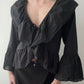 Black Ruffle Cropped Blouse With Trumpet Sleeves (S)