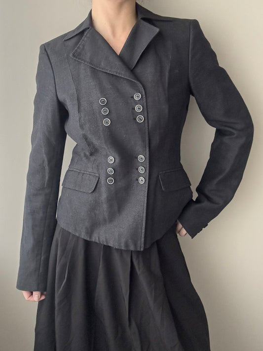 Linen Blended Anthracite Double-breasted Blazer with Triple Button Rows (S)
