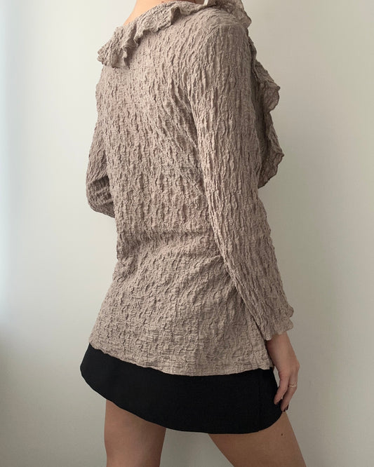 Light Taupe Stretchy 3/4 Sleeve Top With Tie Front (L)