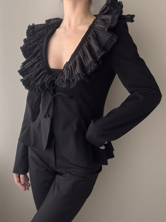 Black Peplum Blazer with Ruffle V-neckline (S)