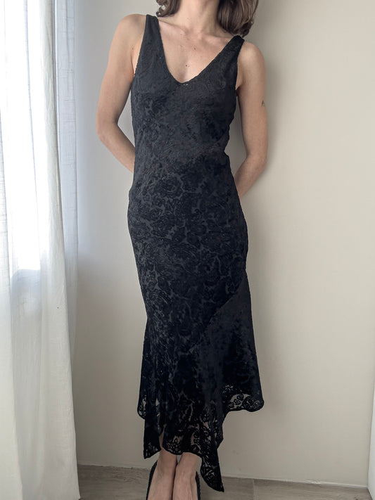 Black Asymmetric Midi Dress with Velvet Baroque Pattern (XS-S)