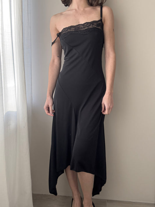Black Slip Dress with Asymmetric Hemline and Lace (S)