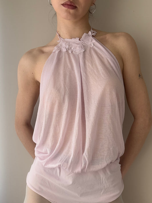La Perla - Lilac Pink Sheer Floral Halter Bodysuit (M-L)